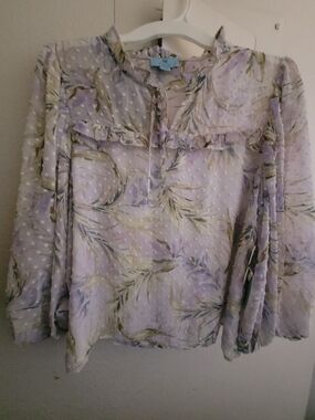 CeCe Lavender Floral Ruffle Dot Blouse